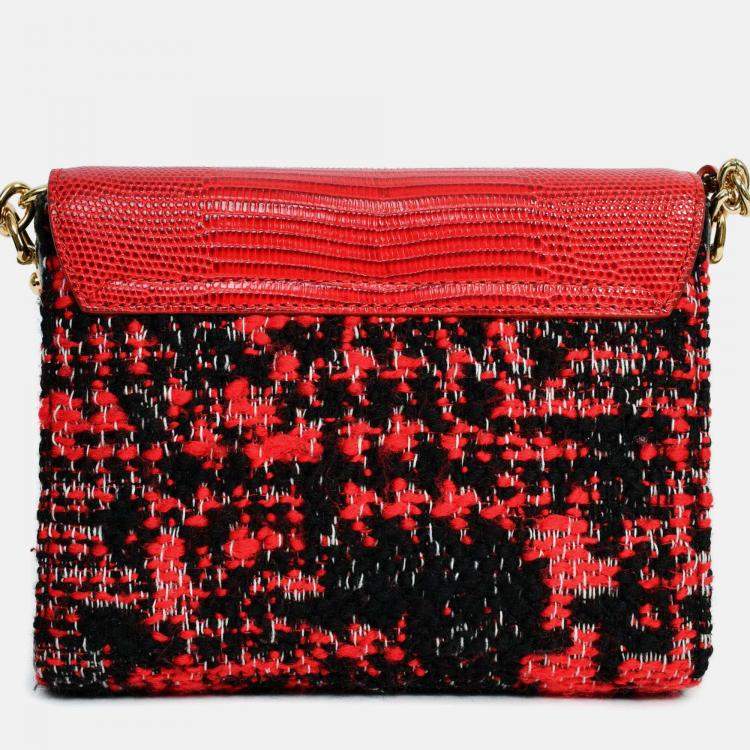 Pre Owned Dolce & Gabbana Red Embossed Leather Tweed Crystal DG Mini Crossbody Bag