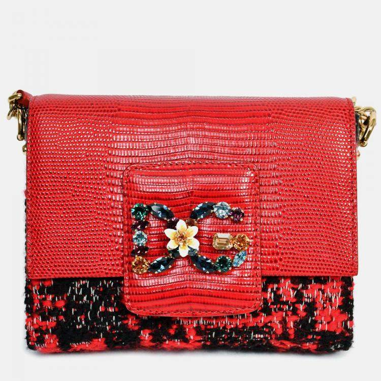 Pre Owned Dolce & Gabbana Red Embossed Leather Tweed Crystal DG Mini Crossbody Bag