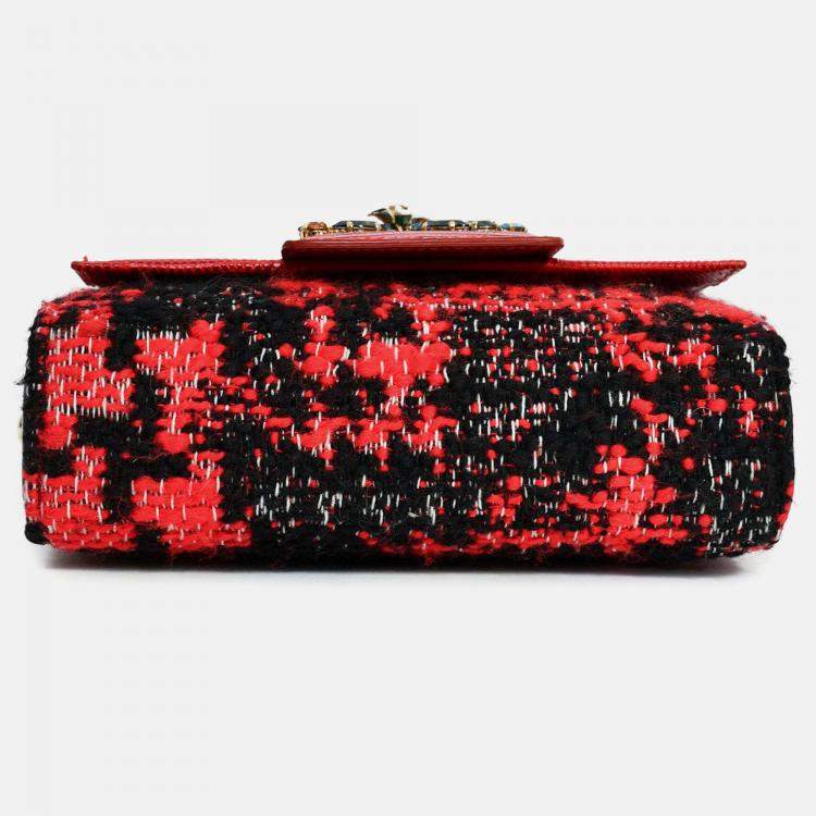 Pre Owned Dolce & Gabbana Red Embossed Leather Tweed Crystal DG Mini Crossbody Bag