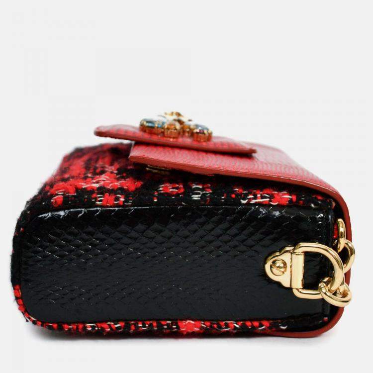 Pre Owned Dolce & Gabbana Red Embossed Leather Tweed Crystal DG Mini Crossbody Bag
