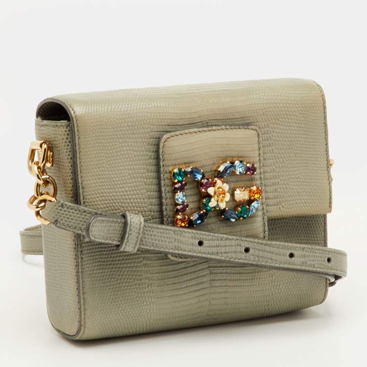 Pre Owned Dolce & Gabbana DG Millennials Sage Grey Lizard Embossed Leather Crossbody Bag