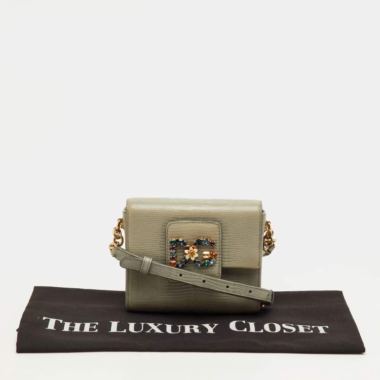 Pre Owned Dolce & Gabbana DG Millennials Sage Grey Lizard Embossed Leather Crossbody Bag