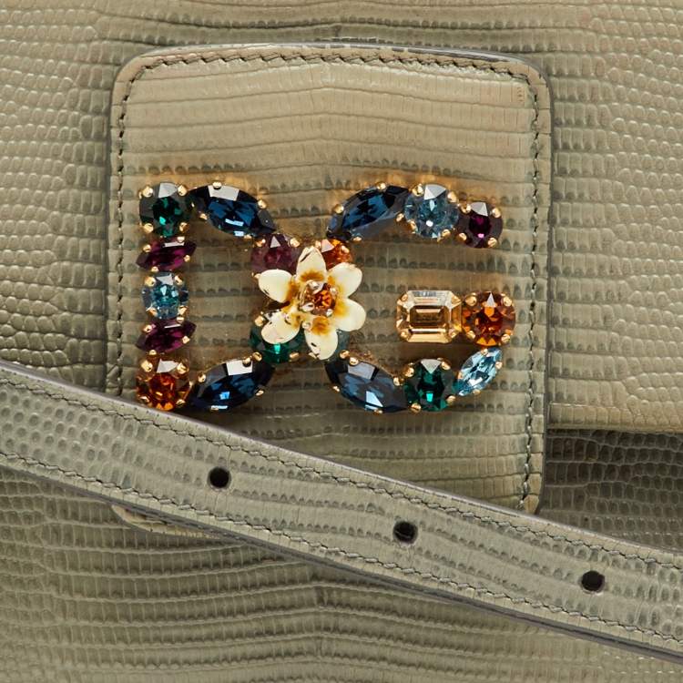 Pre Owned Dolce & Gabbana DG Millennials Sage Grey Lizard Embossed Leather Crossbody Bag