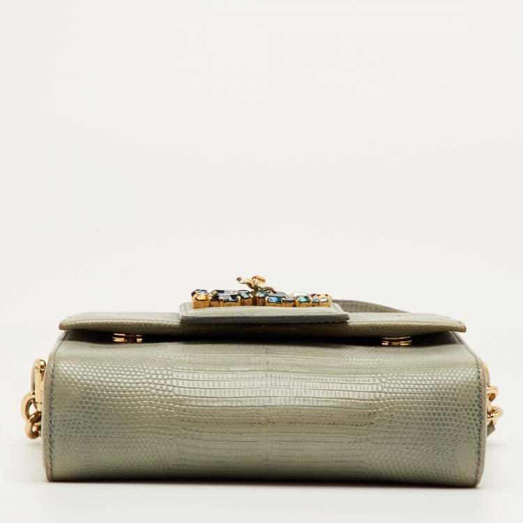 Pre Owned Dolce & Gabbana DG Millennials Sage Grey Lizard Embossed Leather Crossbody Bag