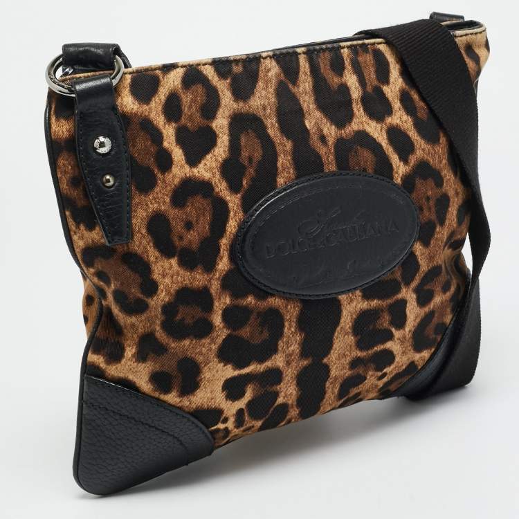 Pre Owned Dolce & Gabbana Animalier Brown Fabric and Leather Flat Messenger Bag
