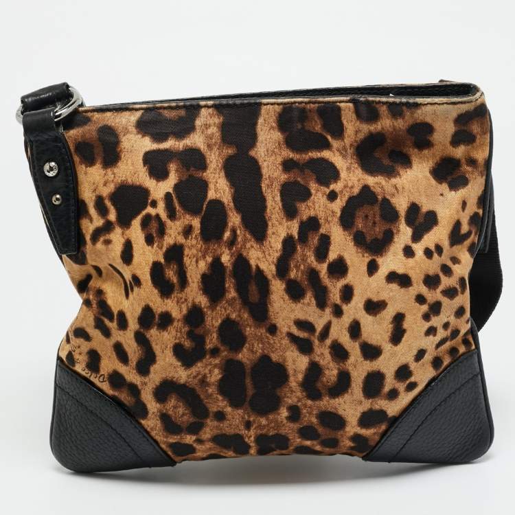 Pre Owned Dolce & Gabbana Animalier Brown Fabric and Leather Flat Messenger Bag