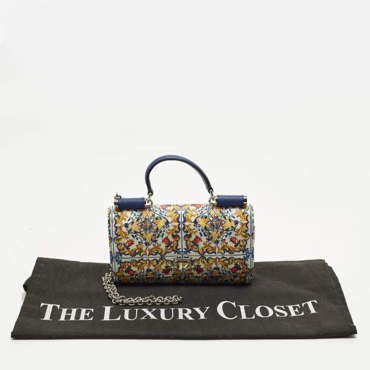 Pre Owned Dolce & Gabbana Miss Sicily Von Multicolor Majolica Print Leather Wallet on Chain
