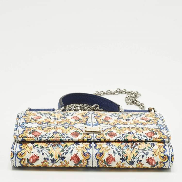 Pre Owned Dolce & Gabbana Miss Sicily Von Multicolor Majolica Print Leather Wallet on Chain