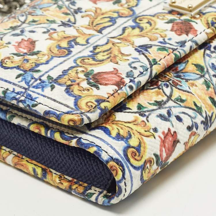 Pre Owned Dolce & Gabbana Miss Sicily Von Multicolor Majolica Print Leather Wallet on Chain