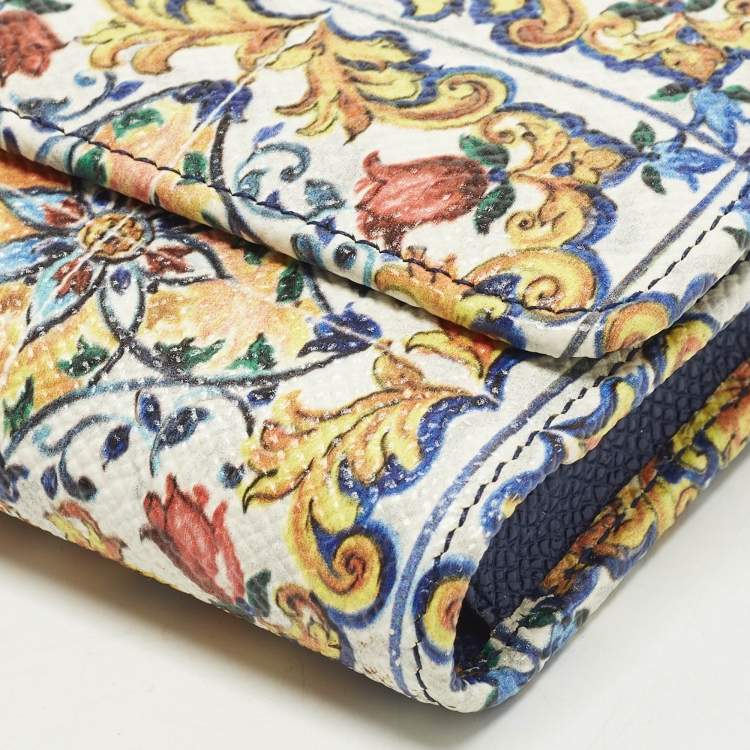 Pre Owned Dolce & Gabbana Miss Sicily Von Multicolor Majolica Print Leather Wallet on Chain