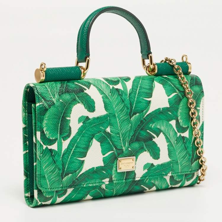 Pre Owned Dolce & Gabbana Miss Sicily Leaf Print Leather Wallet on Chain