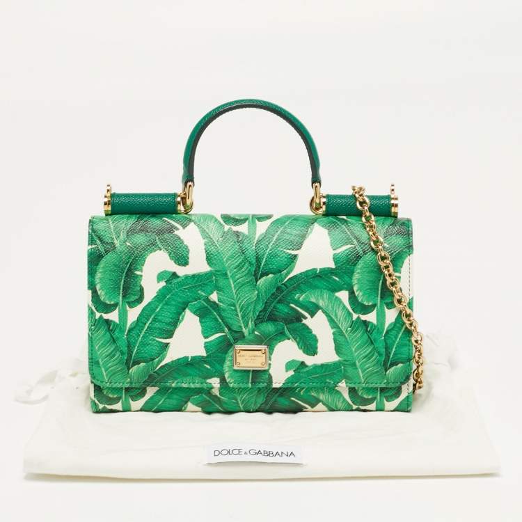 Pre Owned Dolce & Gabbana Miss Sicily Leaf Print Leather Wallet on Chain