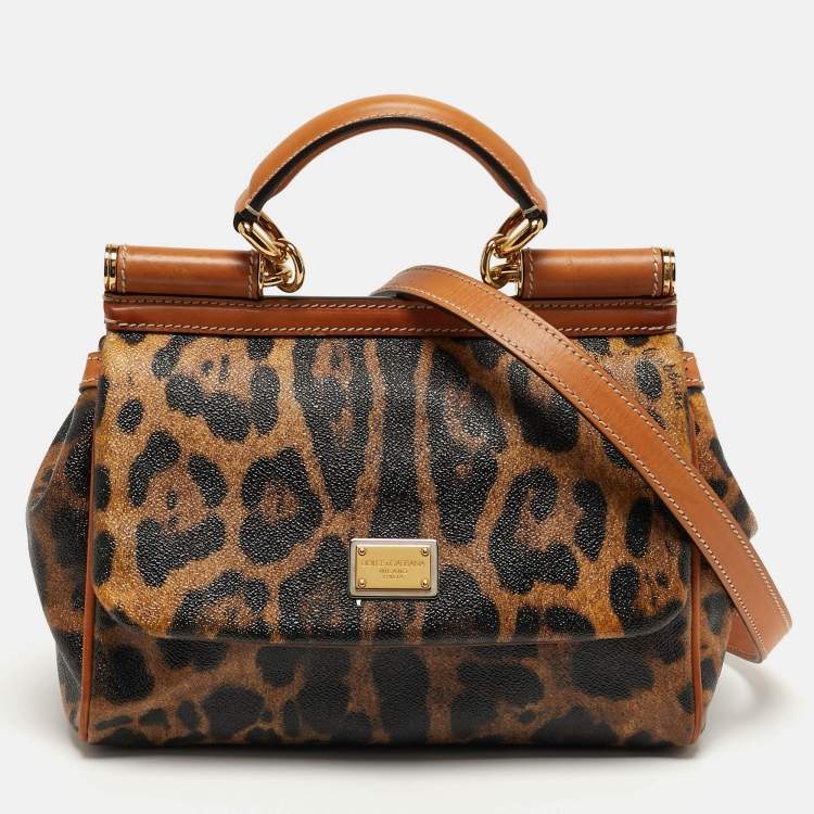 مملوكة مسبقًا Dolce & Gabbana Miss Sicily Medium Tan Leopard Print Coated Canvas and Leather Top Handle Bag