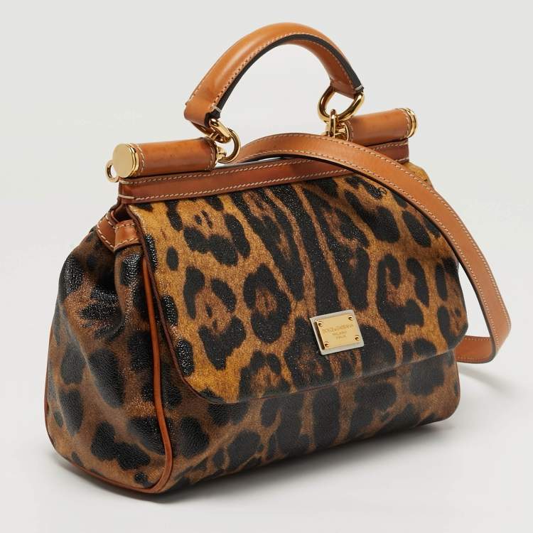 مملوكة مسبقًا Dolce & Gabbana Miss Sicily Medium Tan Leopard Print Coated Canvas and Leather Top Handle Bag