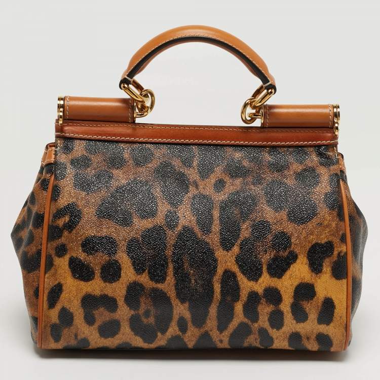 مملوكة مسبقًا Dolce & Gabbana Miss Sicily Medium Tan Leopard Print Coated Canvas and Leather Top Handle Bag