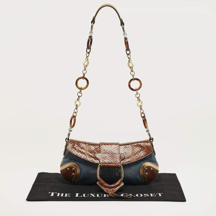 Pre Owned Dolce & Gabbana Tricolor Denim and Snakeskin Leather Shoulder Bag