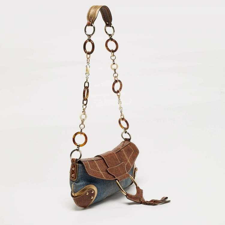 Pre Owned Dolce & Gabbana Tricolor Denim and Snakeskin Leather Shoulder Bag