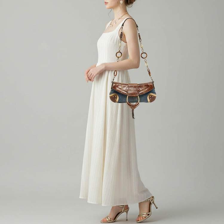 Pre Owned Dolce & Gabbana Tricolor Denim and Snakeskin Leather Shoulder Bag