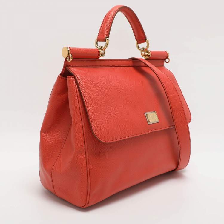 Pre Owned Dolce & Gabbana Miss Sicily Large Orange Leather Top Handle Bags