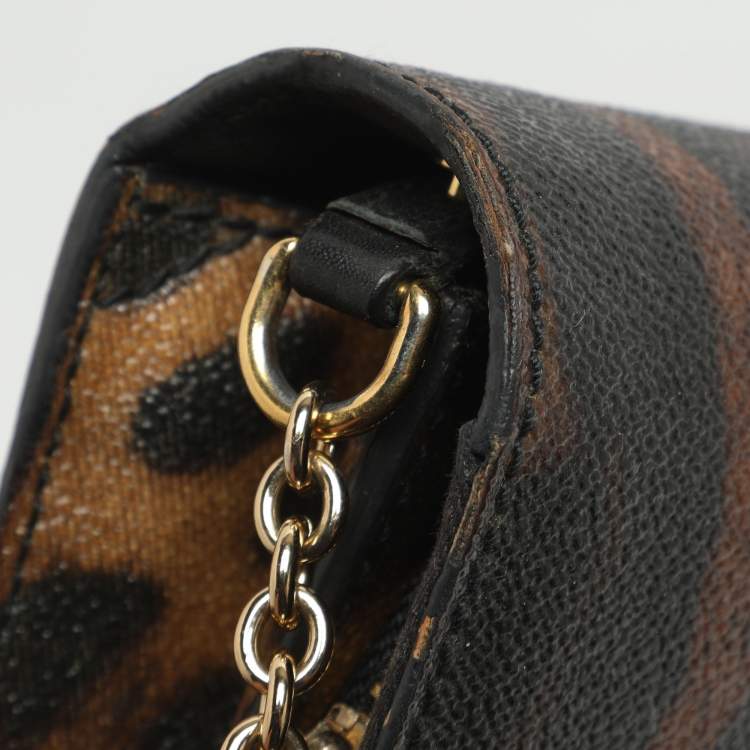 Pre Owned Dolce & Gabbana Nina Brown/Black Leopard Print Coated Canvas Chain Clutch