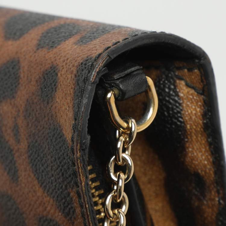 Pre Owned Dolce & Gabbana Nina Brown/Black Leopard Print Coated Canvas Chain Clutch
