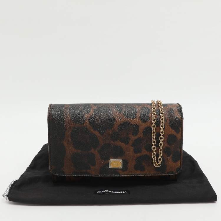 Pre Owned Dolce & Gabbana Nina Brown/Black Leopard Print Coated Canvas Chain Clutch