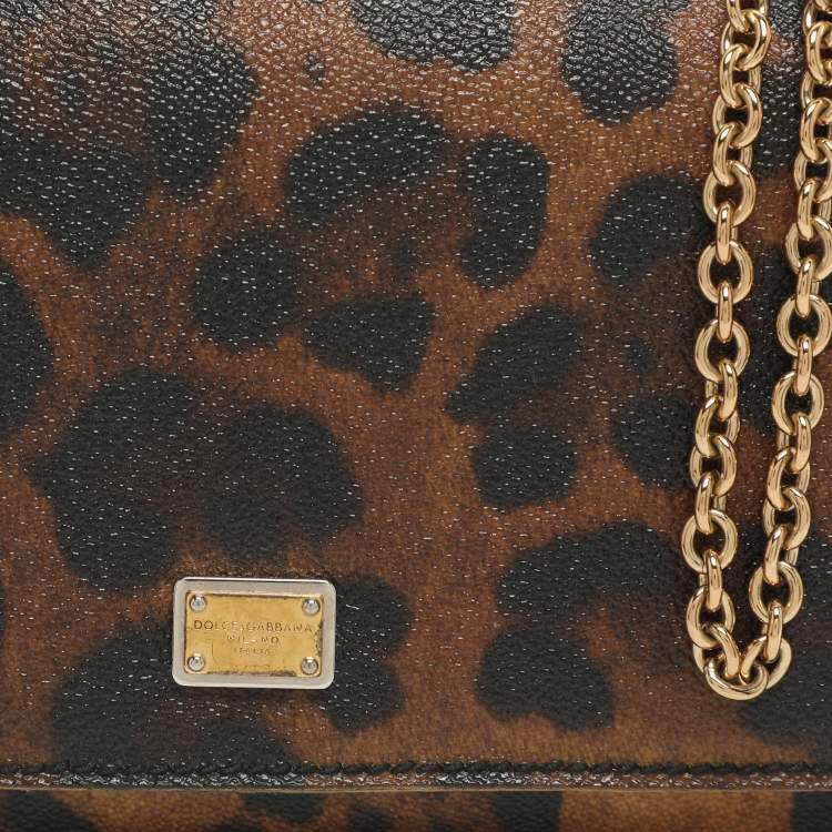 Pre Owned Dolce & Gabbana Nina Brown/Black Leopard Print Coated Canvas Chain Clutch
