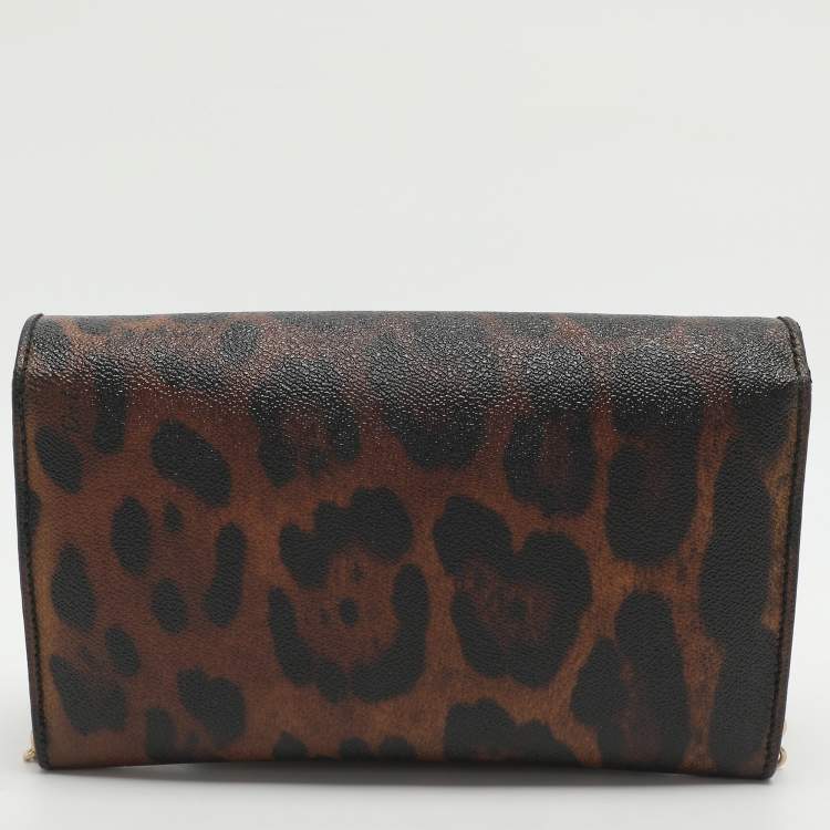Pre Owned Dolce & Gabbana Nina Brown/Black Leopard Print Coated Canvas Chain Clutch