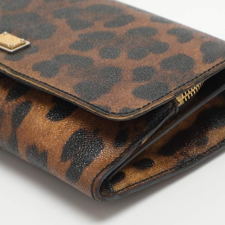 Pre Owned Dolce & Gabbana Nina Brown/Black Leopard Print Coated Canvas Chain Clutch