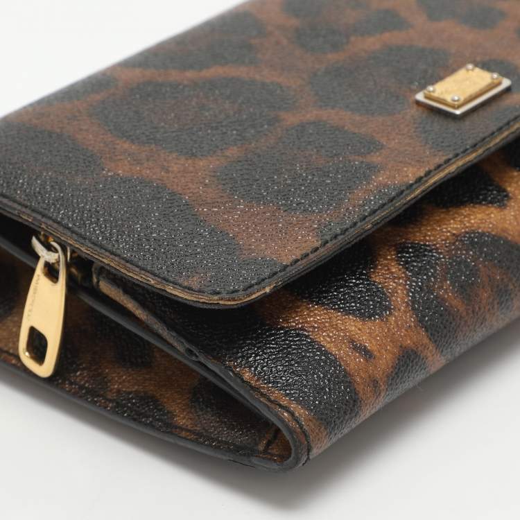 Pre Owned Dolce & Gabbana Nina Brown/Black Leopard Print Coated Canvas Chain Clutch