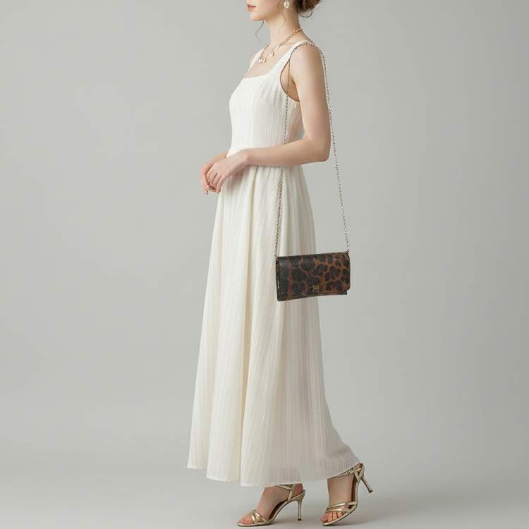 Pre Owned Dolce & Gabbana Nina Brown/Black Leopard Print Coated Canvas Chain Clutch