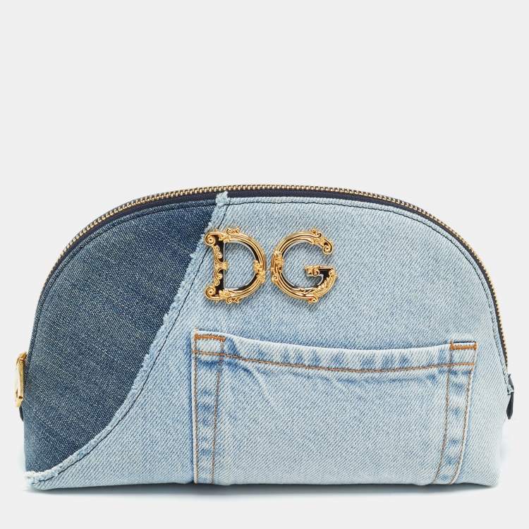 Pre Owned Dolce & Gabbana DG Girls Blue Patchwork Denim Make-Up Bag