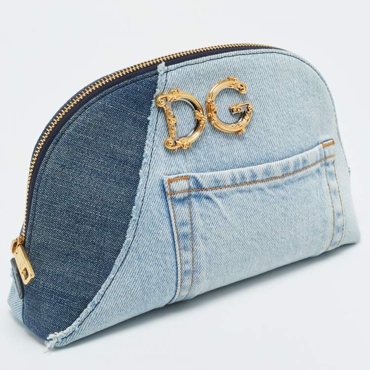 Pre Owned Dolce & Gabbana DG Girls Blue Patchwork Denim Make-Up Bag