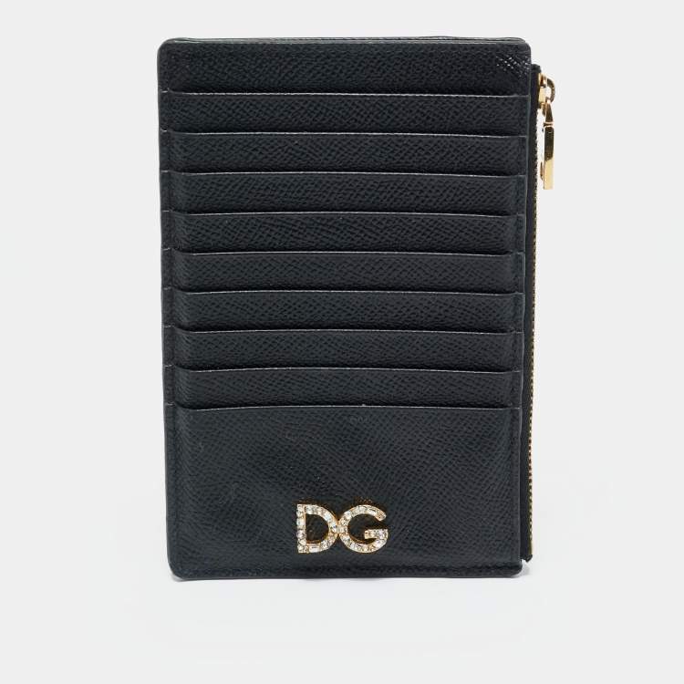 Pre Owned Dolce & Gabbana DG Crystal Logo Black Leather Zip Card Holder