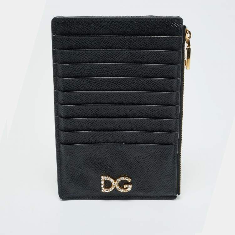 Pre Owned Dolce & Gabbana DG Crystal Logo Black Leather Zip Card Holder