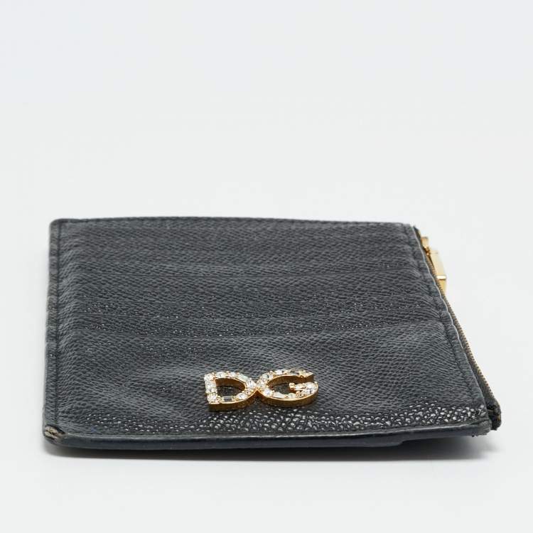 Pre Owned Dolce & Gabbana DG Crystal Logo Black Leather Zip Card Holder
