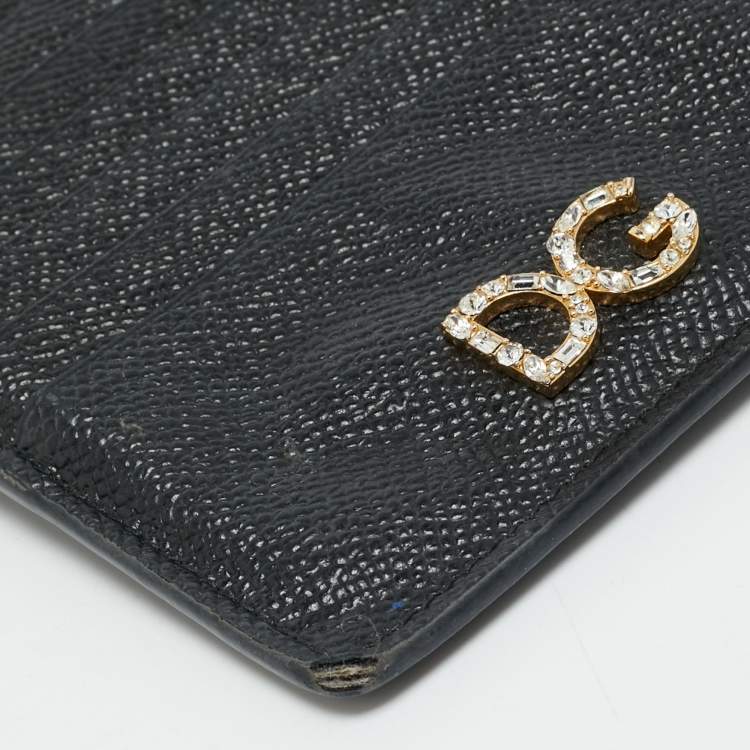 Pre Owned Dolce & Gabbana DG Crystal Logo Black Leather Zip Card Holder