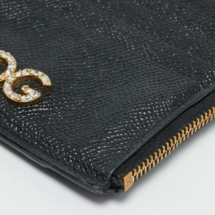 Pre Owned Dolce & Gabbana DG Crystal Logo Black Leather Zip Card Holder