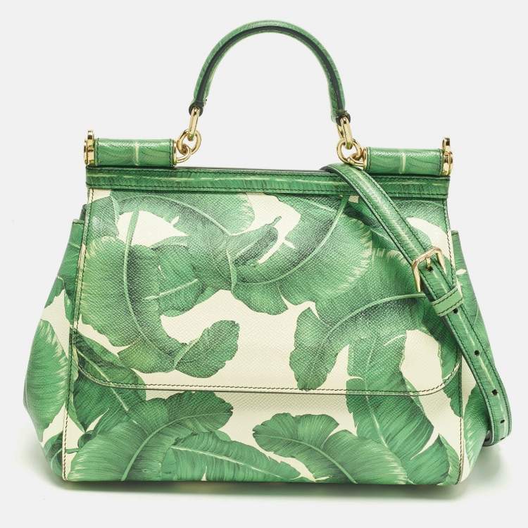 Pre Owned Dolce & Gabbana Miss Sicily Medium Green/White Leather Banana Leaf Print Top Handle Bag