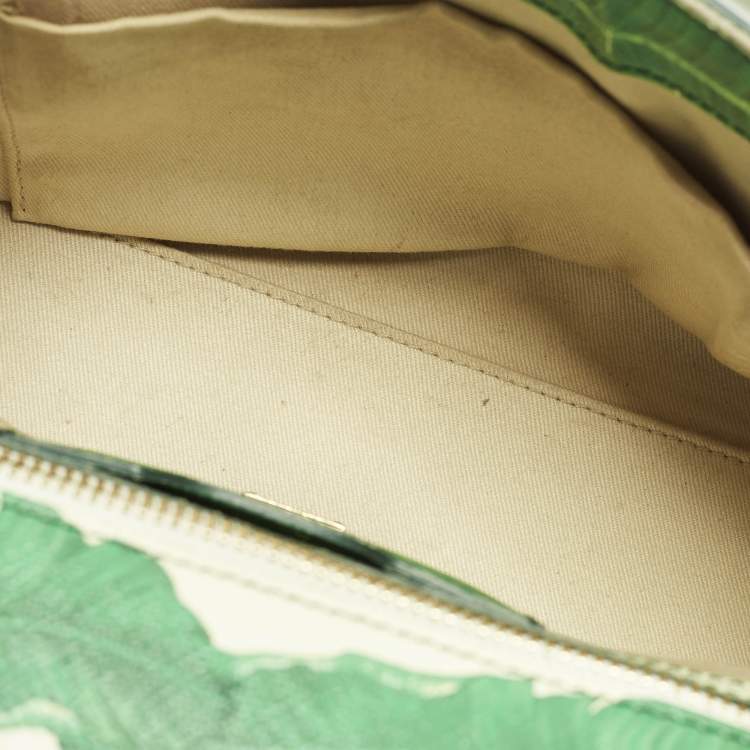 Pre Owned Dolce & Gabbana Miss Sicily Medium Green/White Leather Banana Leaf Print Top Handle Bag
