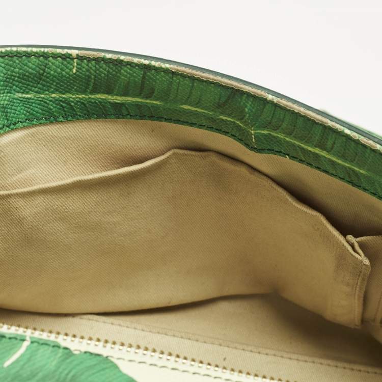 Pre Owned Dolce & Gabbana Miss Sicily Medium Green/White Leather Banana Leaf Print Top Handle Bag