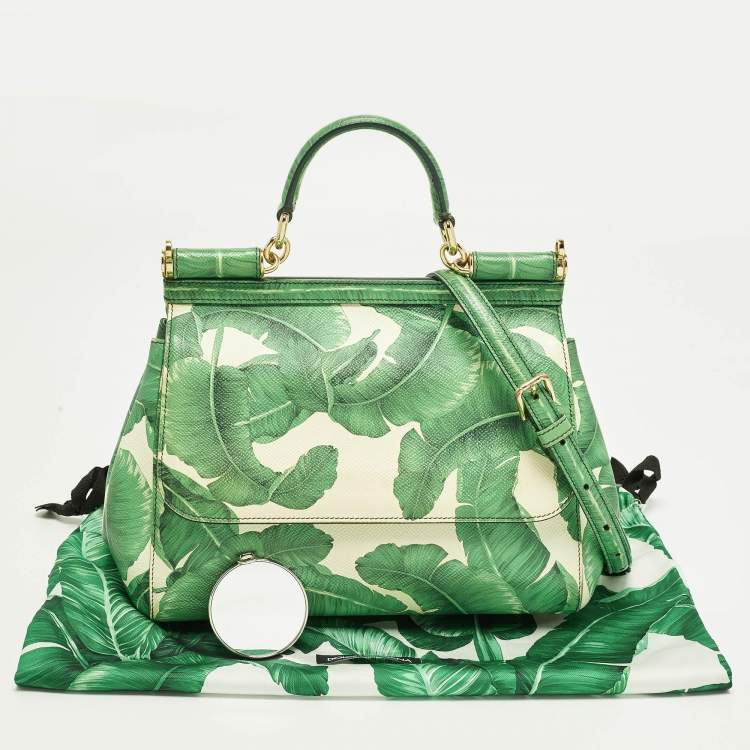Pre Owned Dolce & Gabbana Miss Sicily Medium Green/White Leather Banana Leaf Print Top Handle Bag