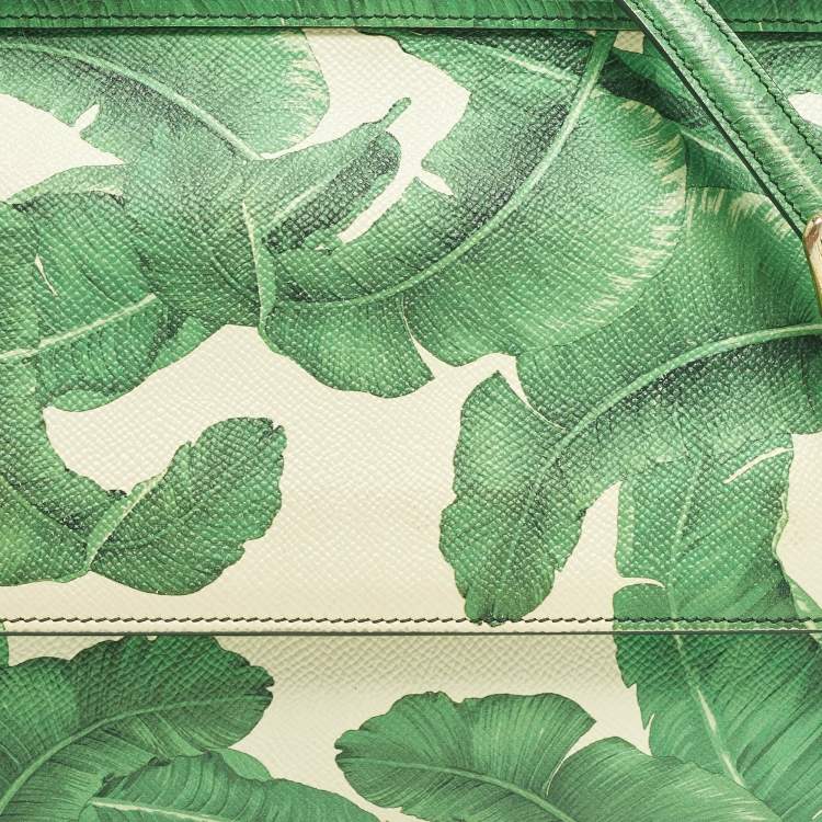 Pre Owned Dolce & Gabbana Miss Sicily Medium Green/White Leather Banana Leaf Print Top Handle Bag