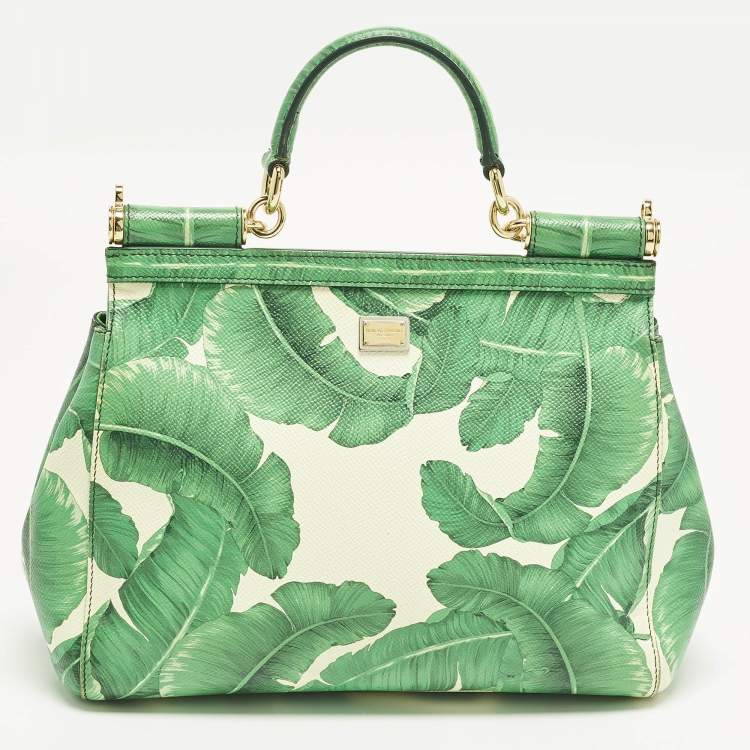 Pre Owned Dolce & Gabbana Miss Sicily Medium Green/White Leather Banana Leaf Print Top Handle Bag