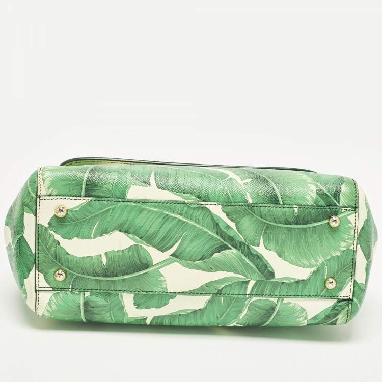 Pre Owned Dolce & Gabbana Miss Sicily Medium Green/White Leather Banana Leaf Print Top Handle Bag