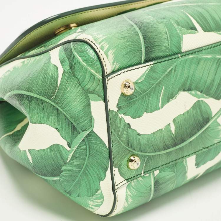 Pre Owned Dolce & Gabbana Miss Sicily Medium Green/White Leather Banana Leaf Print Top Handle Bag