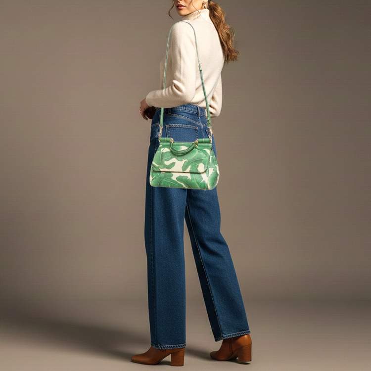 Pre Owned Dolce & Gabbana Miss Sicily Medium Green/White Leather Banana Leaf Print Top Handle Bag