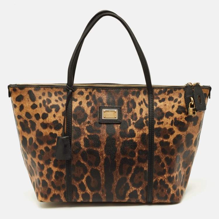 Pre Owned Dolce & Gabbana Miss Escape Brown/Black Leopard Print Coated Canvas Zip Tote
