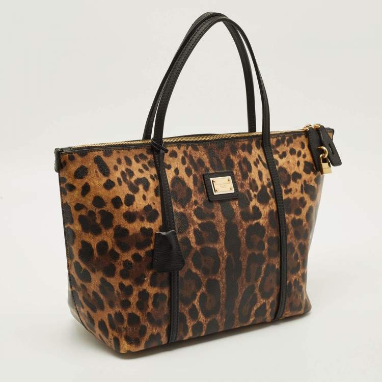 Pre Owned Dolce & Gabbana Miss Escape Brown/Black Leopard Print Coated Canvas Zip Tote