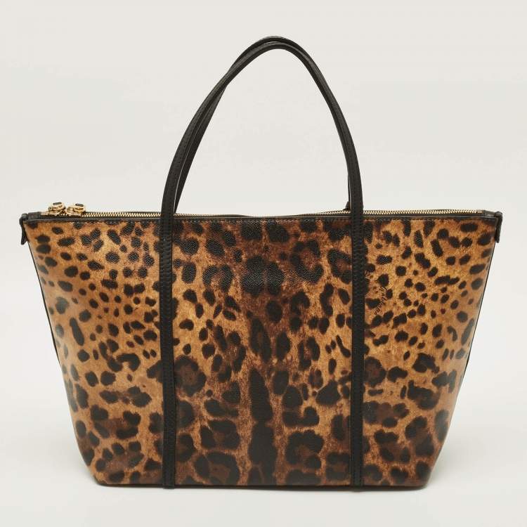 Pre Owned Dolce & Gabbana Miss Escape Brown/Black Leopard Print Coated Canvas Zip Tote